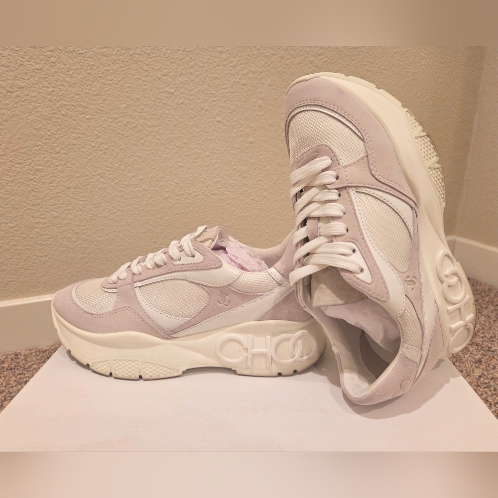 Jimmy Choo Landon Women's Sneakers in Cream and White/Nappa/Mesh/Suede (USED)